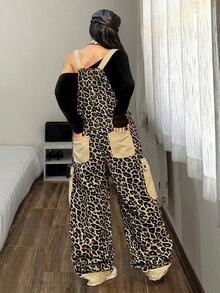 StreetHx Casual Street Style Leopard Print Cargo Overall Jumpsuit With Contrast Pockets, Loose Drape, Versatile Sleeveless Wide Leg Denim Dungarees - Multicolor - View 3