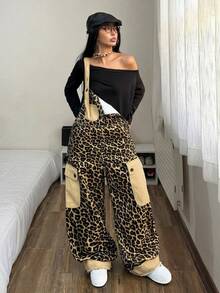 StreetHx Casual Street Style Leopard Print Cargo Overall Jumpsuit With Contrast Pockets, Loose Drape, Versatile Sleeveless Wide Leg Denim Dungarees - Multicolor - View 5