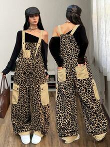 StreetHx Casual Street Style Leopard Print Cargo Overall Jumpsuit With Contrast Pockets, Loose Drape, Versatile Sleeveless Wide Leg Denim Dungarees - Multicolor - View 1
