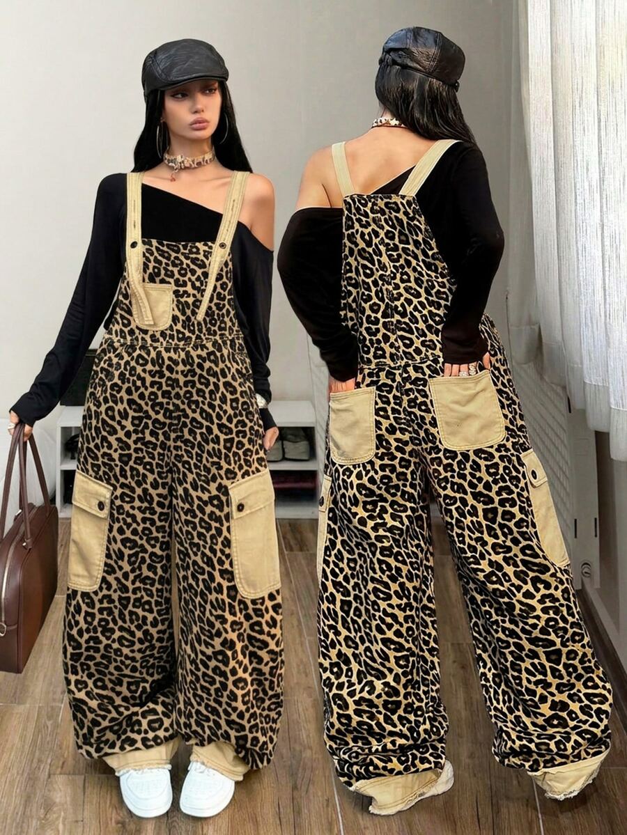 StreetHx Casual Street Style Leopard Print Cargo Overall Jumpsuit With Contrast Pockets, Loose Drape, Versatile Sleeveless Wide Leg Denim Dungarees - Multicolor - View 1
