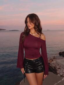 SHEIN MOD Burgundy One Shoulder Ring Buckle Beaded Batwing Sleeve Waist-Cinching Top Night Out Date Night Fall Sexy Halloween - Brown - View 2