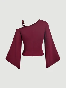SHEIN MOD Burgundy One Shoulder Ring Buckle Beaded Batwing Sleeve Waist-Cinching Top Night Out Date Night Fall Sexy Halloween - Brown - View 4