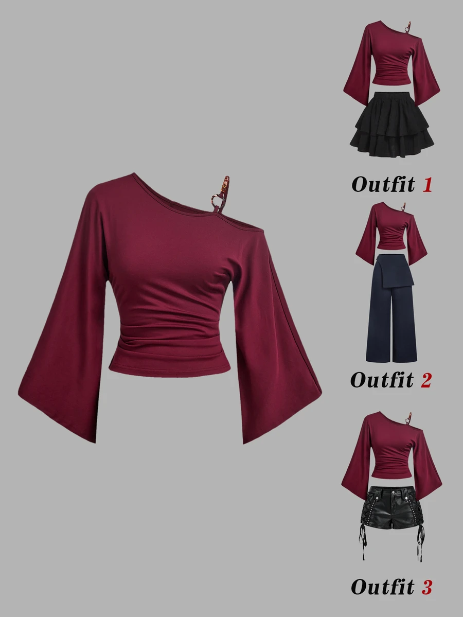 SHEIN MOD Burgundy One Shoulder Ring Buckle Beaded Batwing Sleeve Waist-Cinching Top Night Out Date Night Fall Sexy Halloween - Brown - View 1