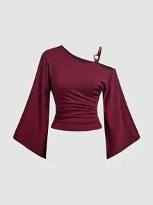 SHEIN MOD Burgundy One Shoulder Ring Buckle Beaded Batwing Sleeve Waist-Cinching Top Night Out Date Night Fall Sexy Halloween - Brown - View 7