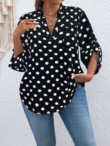 SHEIN Plus Size V-Neck Long Sleeve Polka Dot Retro Fashionable Blouse Fall - Black - View 1
