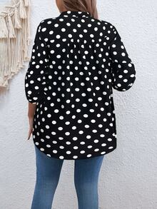 SHEIN Plus Size V-Neck Long Sleeve Polka Dot Retro Fashionable Blouse Fall - Black - View 2