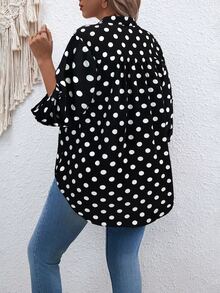 SHEIN Plus Size V-Neck Long Sleeve Polka Dot Retro Fashionable Blouse Fall - Black - View 4