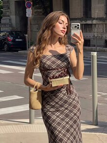 SHEIN MOD 女款 2 件組 格紋不對稱下擺上衣與低腰魚尾裙 - 彩色 - 查看 2
