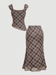 SHEIN MOD 女款 2 件組 格紋不對稱下擺上衣與低腰魚尾裙 - 彩色 - 查看 4