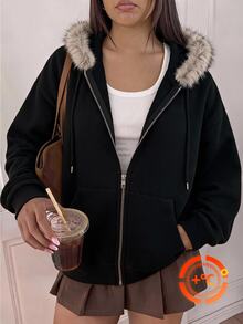 Comfortcana 大尺碼女款黑色百搭休閒毛茸茸連帽長袖運動衫，適合秋冬穿著、秋季度假與居家休閒 - 黑色 - 查看 8
