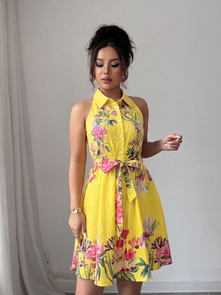 Elenzga Plus Size Elegant Floral Print Front Button Halter Dress, Summer - Yellow - View 4
