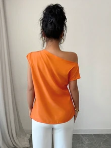 Elenzga Women's Casual Asymmetrical Neck Pleated Solid Color Blouse, Suitable For Summer Holiday And Daily Commute - Orange - View 2