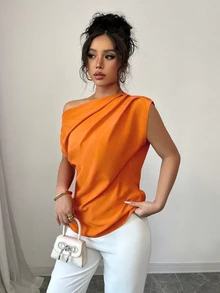 Elenzga Women's Casual Asymmetrical Neck Pleated Solid Color Blouse, Suitable For Summer Holiday And Daily Commute - Orange - View 3
