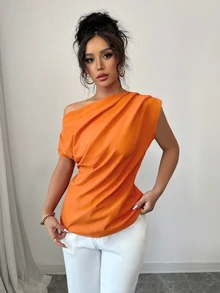 Elenzga Women's Casual Asymmetrical Neck Pleated Solid Color Blouse, Suitable For Summer Holiday And Daily Commute - Orange - View 7