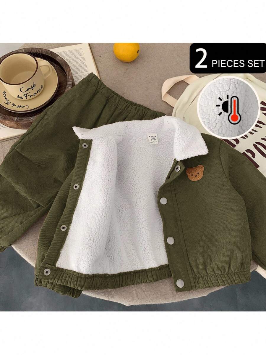 SHEIN Autumn/Winter Baby Boy Woven Solid Color Casual Jacket & Long Pants Set, Thermal Lined Thickened 2-Piece Outfit - Multicolor - View 1