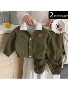 SHEIN Autumn/Winter Baby Boy Woven Solid Color Casual Jacket & Long Pants Set, Thermal Lined Thickened 2-Piece Outfit - Multicolor - View 5