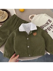 SHEIN Autumn/Winter Baby Boy Woven Solid Color Casual Jacket & Long Pants Set, Thermal Lined Thickened 2-Piece Outfit - Multicolor - View 3