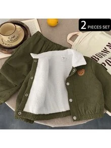 SHEIN Autumn/Winter Baby Boy Woven Solid Color Casual Jacket & Long Pants Set, Thermal Lined Thickened 2-Piece Outfit - Multicolor - View 6