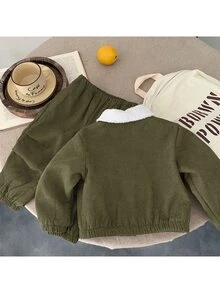 SHEIN Autumn/Winter Baby Boy Woven Solid Color Casual Jacket & Long Pants Set, Thermal Lined Thickened 2-Piece Outfit - Multicolor - View 2