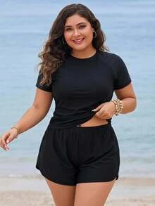 Swim Lushoire Plus Size Women 2pcs Long Sleeve Pullover Sun Protection Double Layer Loose Shorts Surfing Sports Baggy Tank Bikini Set Beach Vacation Black Summer - Black - View 1
