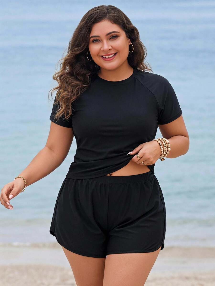 Swim Lushoire Plus Size Women 2pcs Long Sleeve Pullover Sun Protection Double Layer Loose Shorts Surfing Sports Baggy Tank Bikini Set Beach Vacation Black Summer - Black - View 1