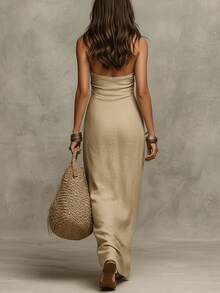 Everyssa Solid Color Backless Halter Neck Casual Vacation Dress - Khaki - View 2