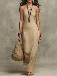Everyssa Solid Color Backless Halter Neck Casual Vacation Dress - Khaki - View 1