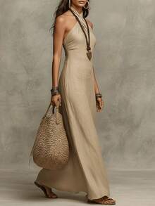 Everyssa Solid Color Backless Halter Neck Casual Vacation Dress - Khaki - View 4