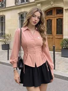 SHEIN MOD Women's Elegant Lantern Sleeve Tie-Waist White Blouse, - Pink - View 2