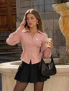SHEIN MOD Women's Elegant Lantern Sleeve Tie-Waist White Blouse, - Pink - View 1