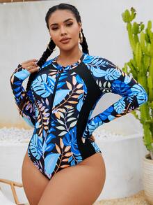 Swim SPRTY Plus Size Women Front Zipper Random Print Long Sleeve One Piece Rashguard Swimsuit, Slim Fit Beach Vacation Pool Swimming Wear For Summer - Multicolor - View 7