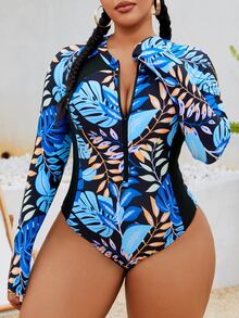 Swim SPRTY Plus Size Women Front Zipper Random Print Long Sleeve One Piece Rashguard Swimsuit, Slim Fit Beach Vacation Pool Swimming Wear For Summer - Multicolor - View 5