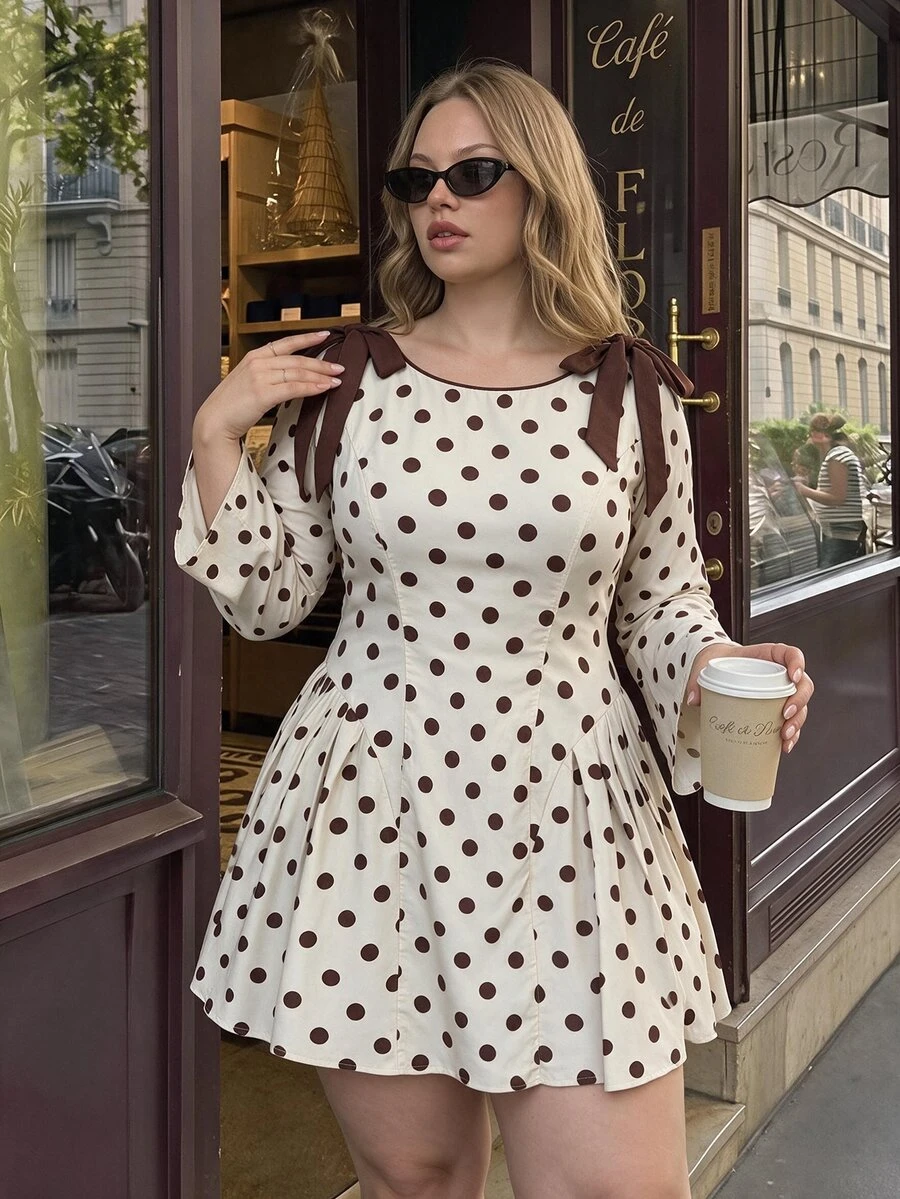 SHEIN MOD Plus Size Brown Polka Dot Mini Dress, Suitable For Summer And Early Autumn, Preppy Style, Commute Minimalist Vintage Style, Date Party Style, Urban Lady Style, Modern Casual Minimalist Style - Multicolor - View 1