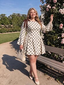 SHEIN MOD Plus Size Brown Polka Dot Mini Dress, Suitable For Summer And Early Autumn, Preppy Style, Commute Minimalist Vintage Style, Date Party Style, Urban Lady Style, Modern Casual Minimalist Style - Multicolor - View 6
