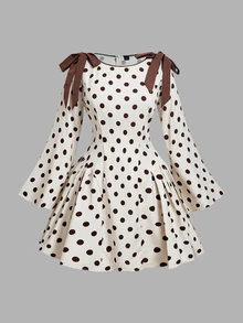 SHEIN MOD Plus Size Brown Polka Dot Mini Dress, Suitable For Summer And Early Autumn, Preppy Style, Commute Minimalist Vintage Style, Date Party Style, Urban Lady Style, Modern Casual Minimalist Style - Multicolor - View 2