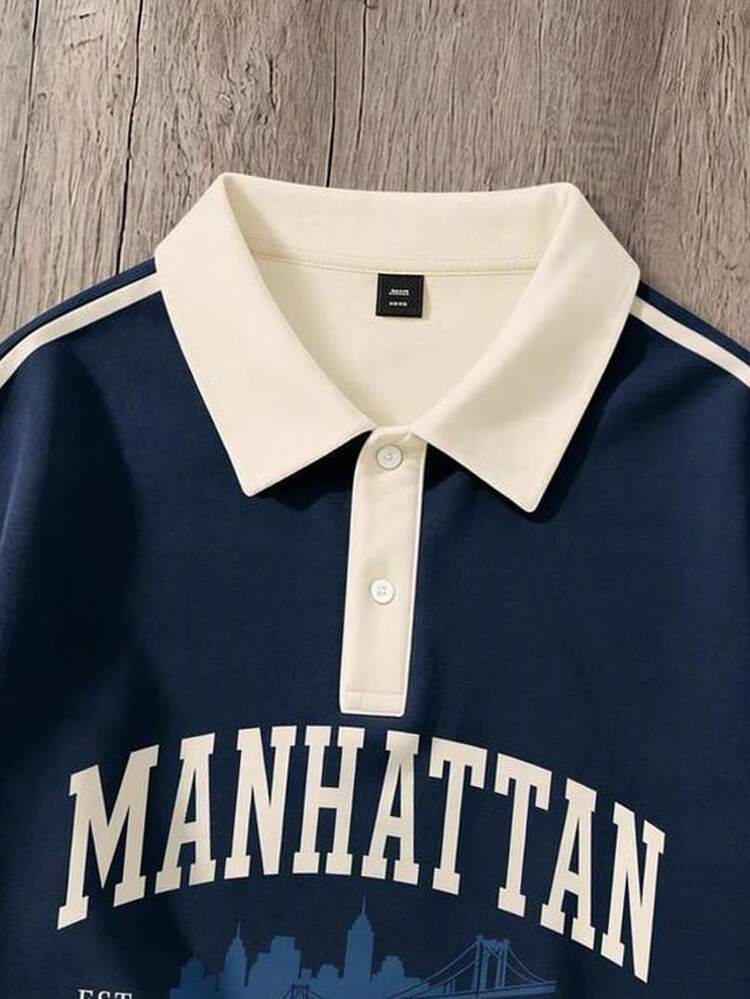 Daypath Men's American Vintage Manhattan Print Long Sleeve Polo Sweatshirt, Suitable For Daily Casual Wear, Aimed At Young Men Who Pursue American Street Style, Collegiate Style And Pay Attention To Outfit Details. - Multicolor - View 3