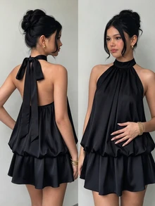 SHEIN Đầm mini Katseye dệt họa tiết bong bóng dễ thương cho thiếu nữ, cổ yếm, cổ bèo, ôm sát, xếp nhún, dáng midi, mùa hè, hoa, tiệc tùng, đen, năm mới - màu đen - Xem 2