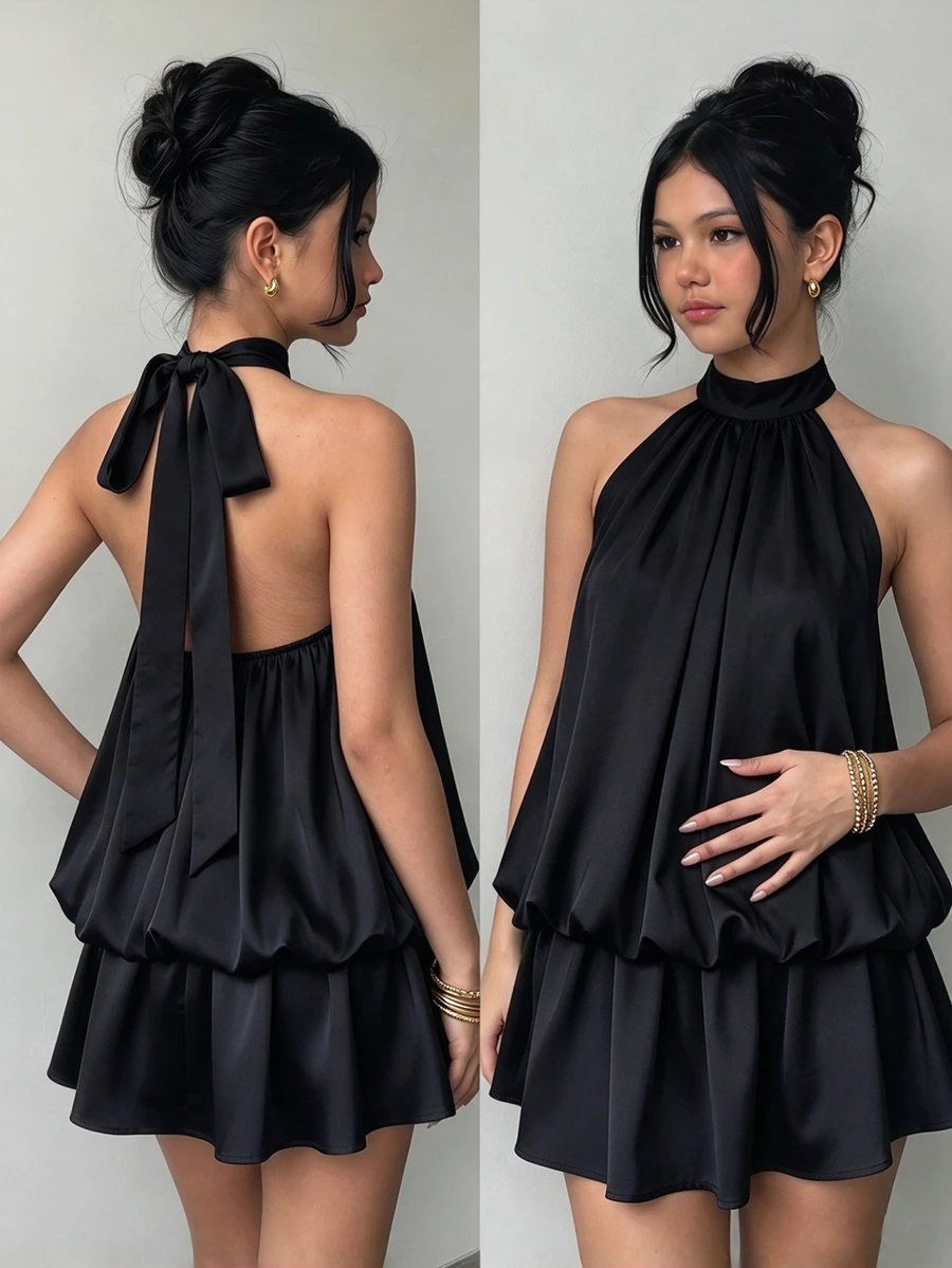 SHEIN Đầm mini Katseye dệt họa tiết bong bóng dễ thương cho thiếu nữ, cổ yếm, cổ bèo, ôm sát, xếp nhún, dáng midi, mùa hè, hoa, tiệc tùng, đen, năm mới