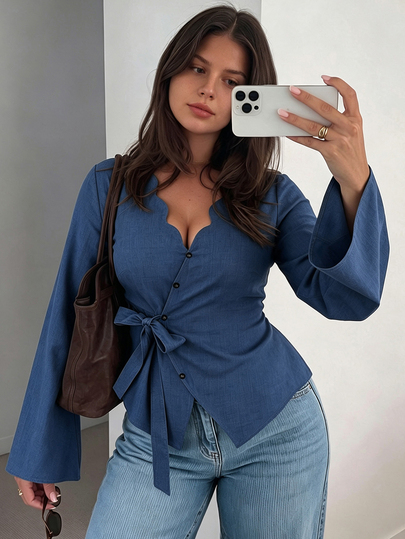Easura Plus Size Wavy Neck Flare Sleeve Tie Waist Blouse Elegant Commuter Wrap Work Shirt