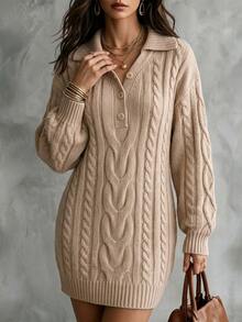 SHEIN V-Neck Twisted Knot Fitted Straight Knit Dress, Autumn/Winter Brunch Beige Casual Elegant - Khaki - View 7