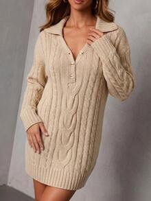 SHEIN V-Neck Twisted Knot Fitted Straight Knit Dress, Autumn/Winter Brunch Beige Casual Elegant - Khaki - View 3