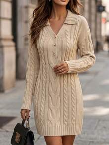 SHEIN V-Neck Twisted Knot Fitted Straight Knit Dress, Autumn/Winter Brunch Beige Casual Elegant - Khaki - View 1