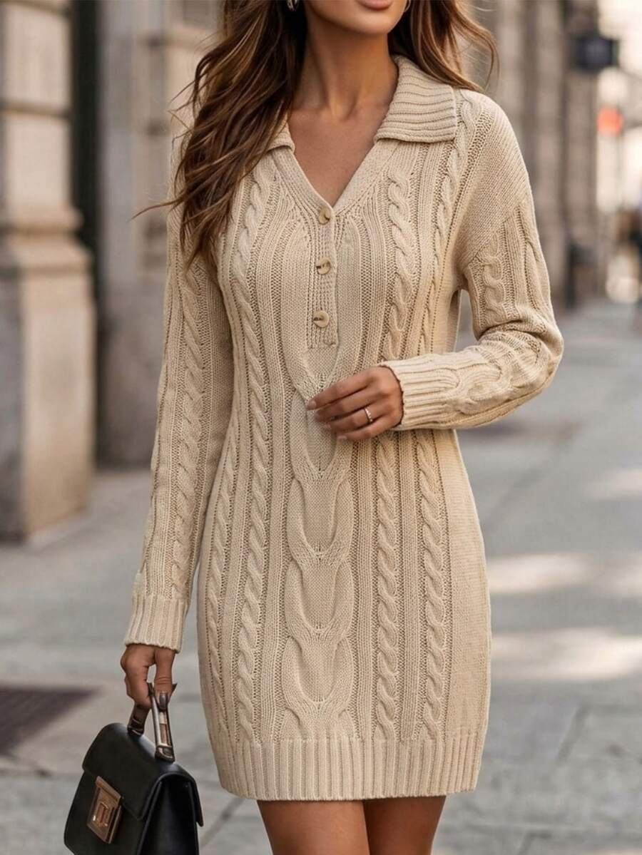 SHEIN V-Neck Twisted Knot Fitted Straight Knit Dress, Autumn/Winter Brunch Beige Casual Elegant - Khaki - View 1