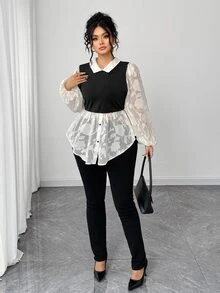 Elenzga Plus Size Women's Chiffon Cutout Classic Black & White Contrast Color 2 In 1 French Retro Puff Sleeve Blouse Fall - Multicolor - View 5
