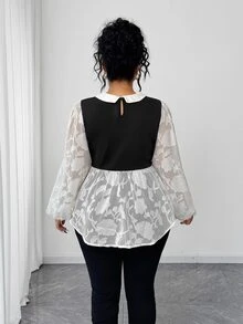 Elenzga Plus Size Women's Chiffon Cutout Classic Black & White Contrast Color 2 In 1 French Retro Puff Sleeve Blouse Fall - Multicolor - View 2