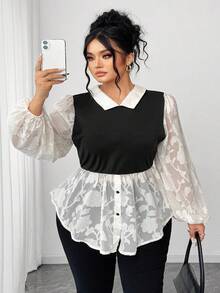 Elenzga Plus Size Women's Chiffon Cutout Classic Black & White Contrast Color 2 In 1 French Retro Puff Sleeve Blouse Fall - Multicolor - View 1