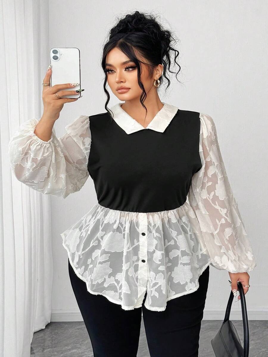 Elenzga Plus Size Women's Chiffon Cutout Classic Black & White Contrast Color 2 In 1 French Retro Puff Sleeve Blouse Fall - Multicolor - View 1