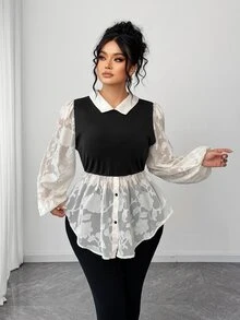 Elenzga Plus Size Women's Chiffon Cutout Classic Black & White Contrast Color 2 In 1 French Retro Puff Sleeve Blouse Fall - Multicolor - View 3