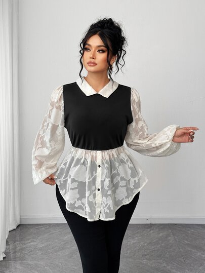 Elenzga Blusa retro francesa de 2 en 1 con mangas abullonadas, de color negro y blanco en contraste, con recortes, para mujer de talla grande