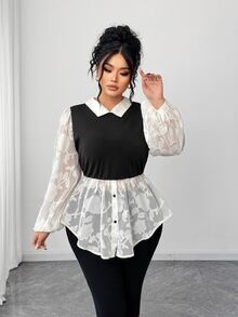 Elenzga Plus Size Women's Chiffon Cutout Classic Black & White Contrast Color 2 In 1 French Retro Puff Sleeve Blouse Fall - Multicolor - View 4